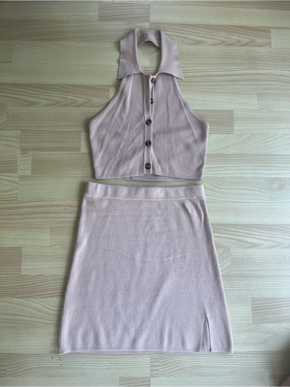 Sleeveless Halter Knit Skirt Set in Tan